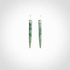 Hand crafted New Zealand Jade Inanga Jade drop earrings with Sterling Silver Hooks. Jade drop earrings, packaged in a woven kete pouch.