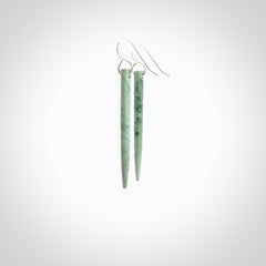 Hand crafted New Zealand Jade Inanga Jade drop earrings with Sterling Silver Hooks. Jade drop earrings, packaged in a woven kete pouch.