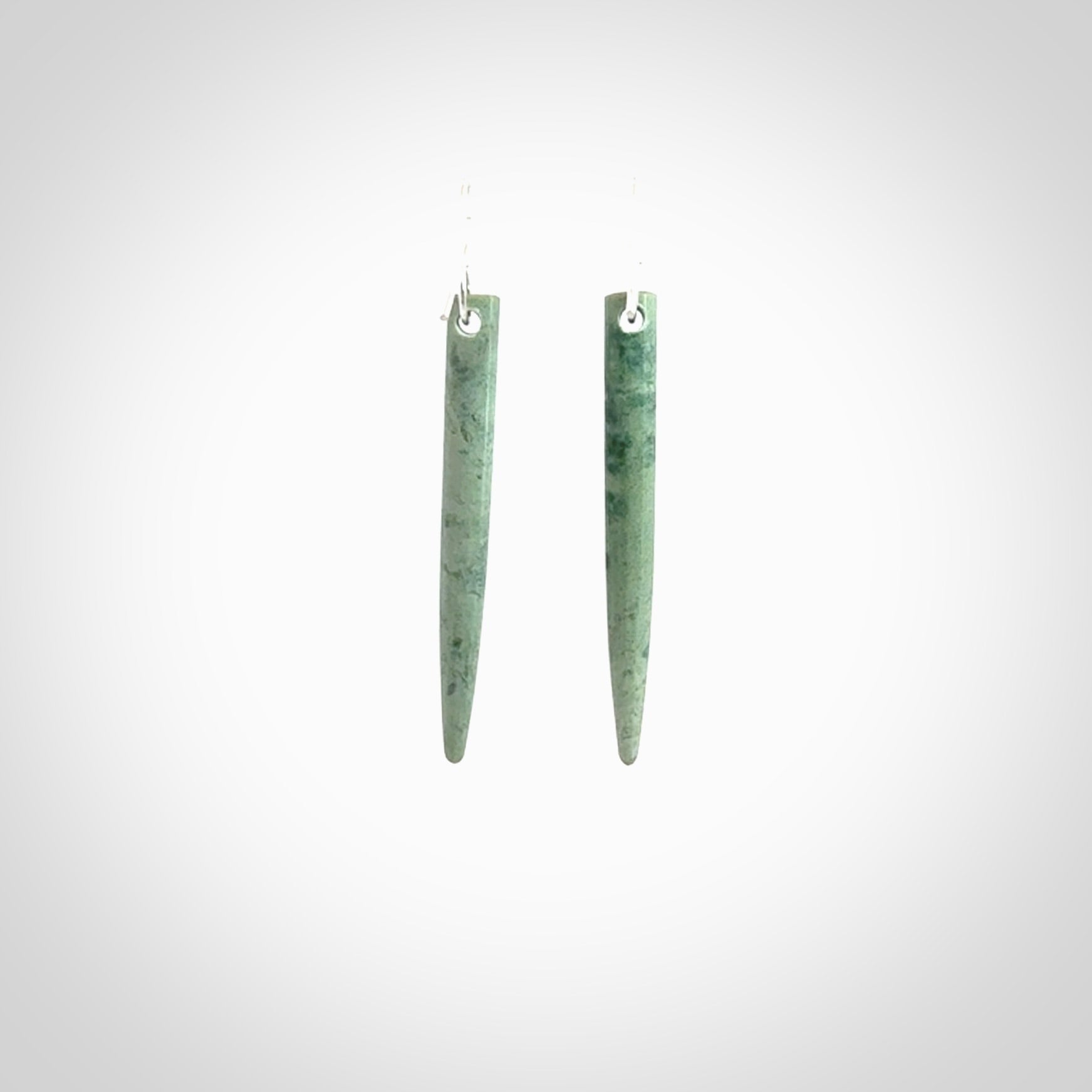 Hand crafted New Zealand Jade Inanga Jade drop earrings with Sterling Silver Hooks. Jade drop earrings, packaged in a woven kete pouch.