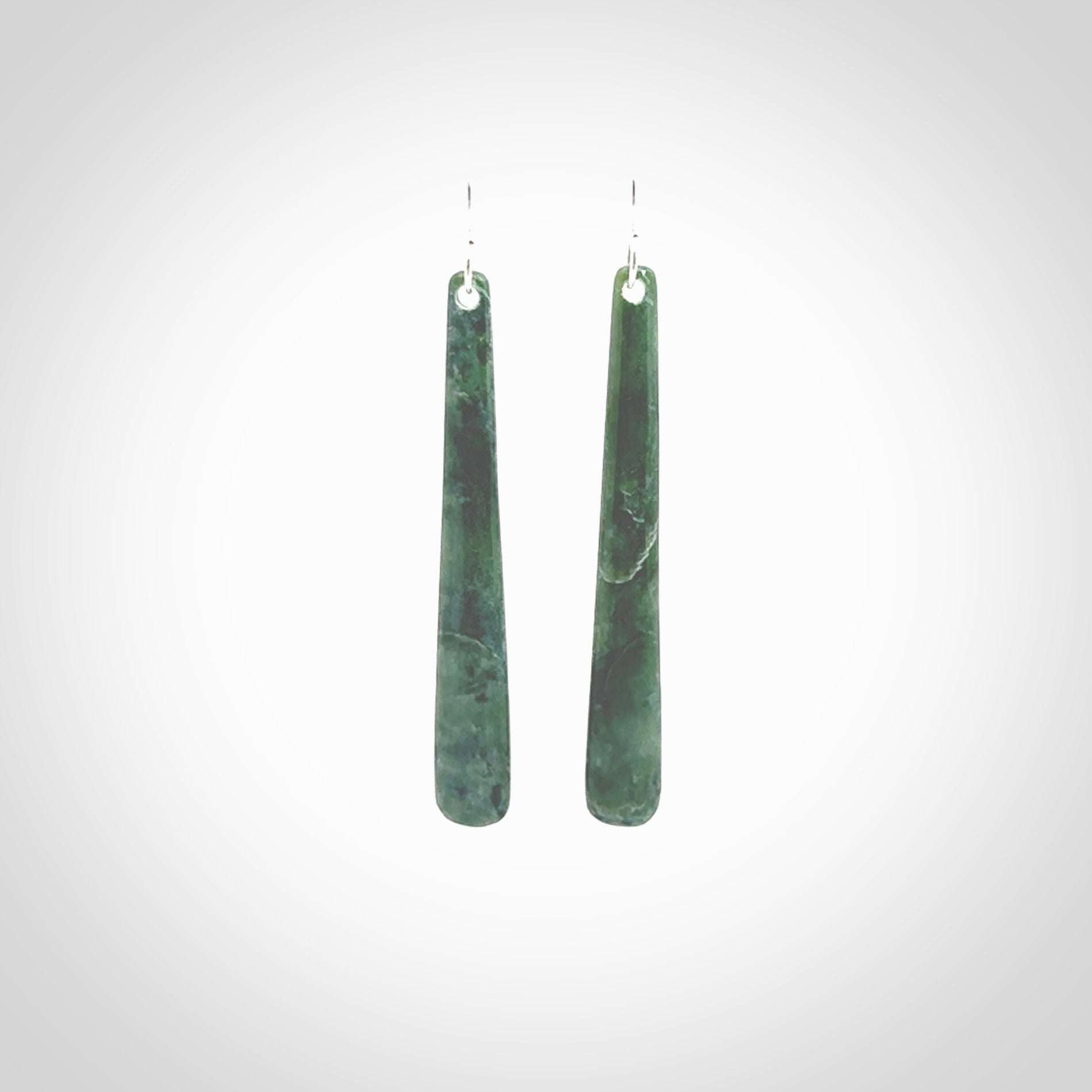 Hand crafted large, New Zealand Jade drop earrings with Sterling Silver Hooks. Jade drop earrings, packaged in a woven kete pouch.