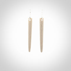 Hand carved large whalebone drop earrings hand made by Kristal Thompson. One only large whale bone drop earrings. Real whale bone art to wear. Free Shipping worldwide. One pair only, delivered in a kete pouch.