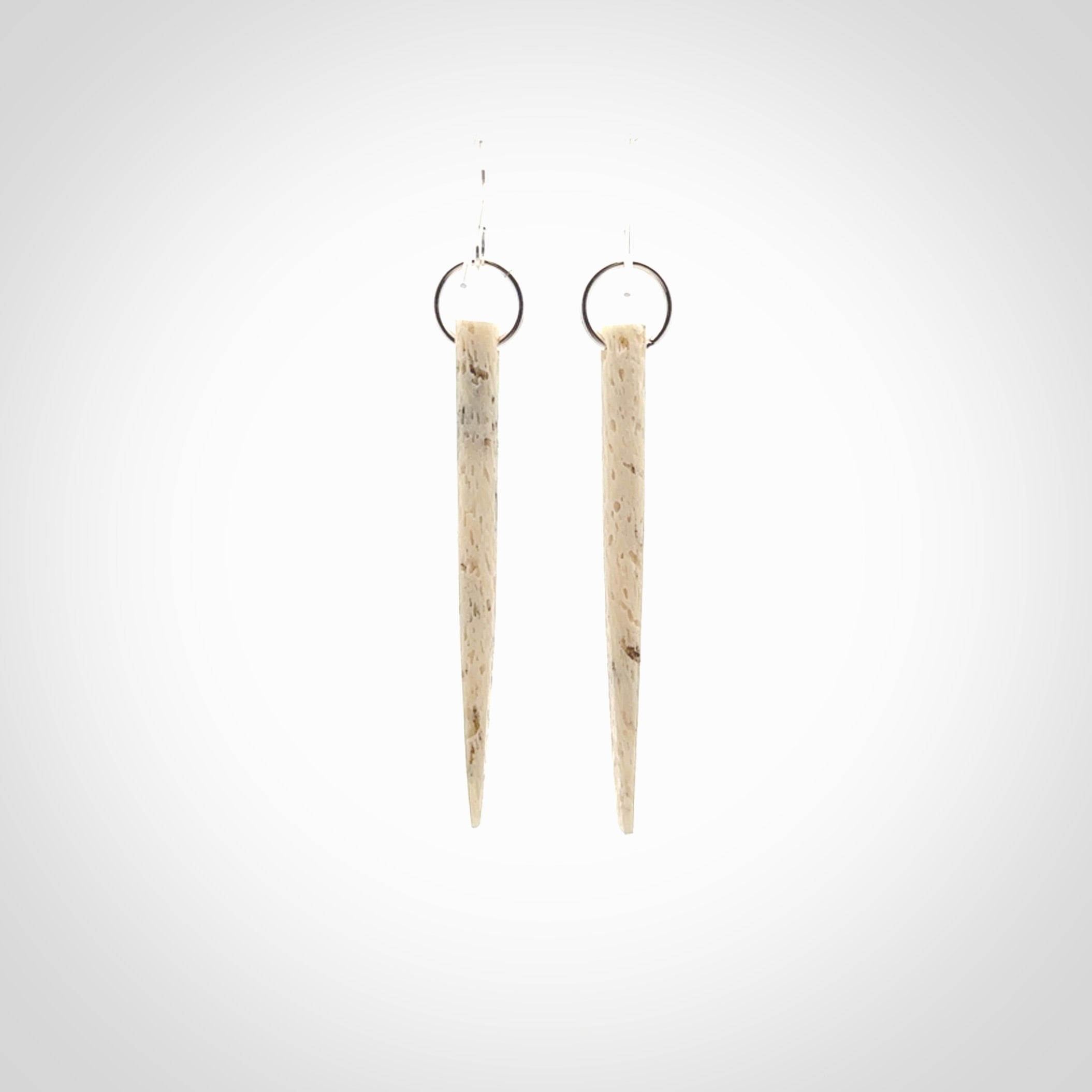 Hand carved large whalebone drop earrings hand made by Kristal Thompson. One only large whale bone drop earrings. Real whale bone art to wear. Free Shipping worldwide. One pair only, delivered in a kete pouch.