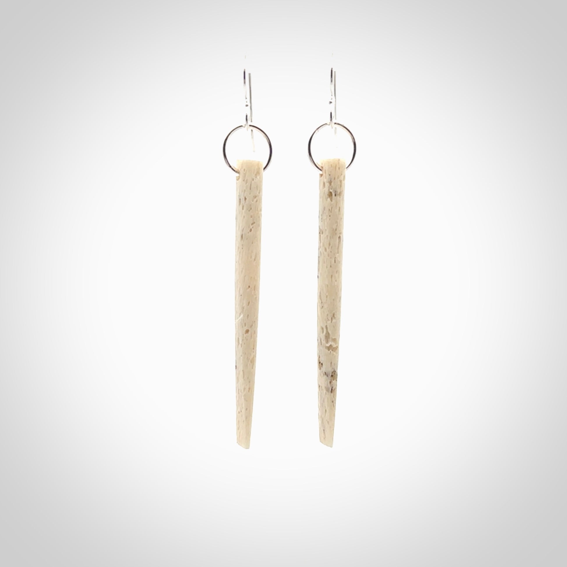 Hand carved large whalebone drop earrings hand made by Kristal Thompson. One only large whale bone drop earrings. Real whale bone art to wear. Free Shipping worldwide. One pair only, delivered in a kete pouch.