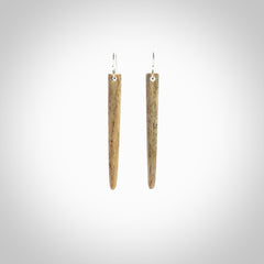 Hand carved whalebone drop earrings hand made by Kristal Thompson. One only large whale bone drop earrings. Real whale bone art to wear. Free Shipping worldwide. One pair only, delivered in a kete pouch.