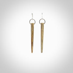 Hand carved whalebone drop earrings hand made by Kristal Thompson. One only large whale bone drop earrings. Real whale bone art to wear. Free Shipping worldwide. One pair only, delivered in a kete pouch.