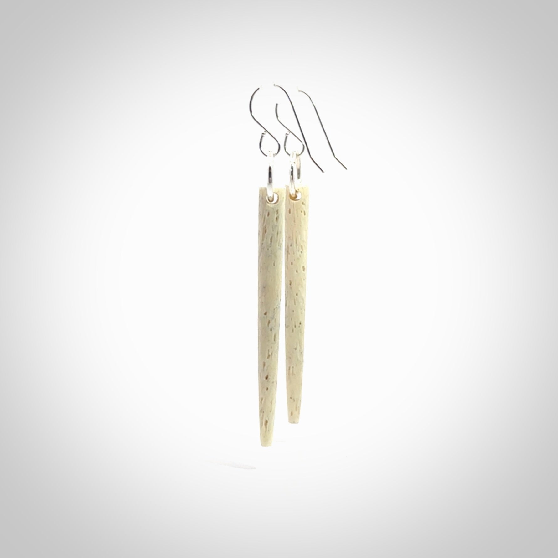 Hand carved large whalebone drop earrings hand made by Kristal Thompson. One only large whale bone drop earrings. Real whale bone art to wear. Free Shipping worldwide. One pair only, delivered in a kete pouch.