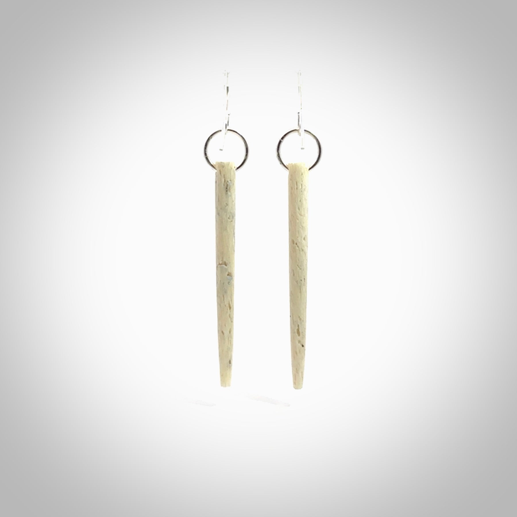 Hand carved large whalebone drop earrings hand made by Kristal Thompson. One only large whale bone drop earrings. Real whale bone art to wear. Free Shipping worldwide. One pair only, delivered in a kete pouch.