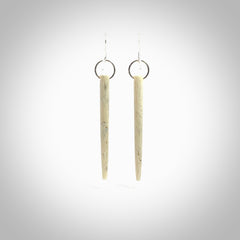 Hand carved large whalebone drop earrings hand made by Kristal Thompson. One only large whale bone drop earrings. Real whale bone art to wear. Free Shipping worldwide. One pair only, delivered in a kete pouch.