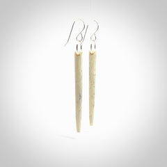 Hand carved large whalebone drop earrings hand made by Kristal Thompson. One only large whale bone drop earrings. Real whale bone art to wear. Free Shipping worldwide. One pair only, delivered in a kete pouch.