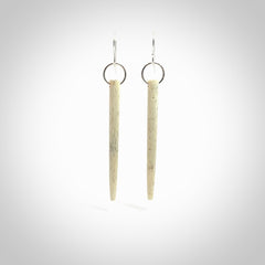 Hand carved large whalebone drop earrings hand made by Kristal Thompson. One only large whale bone drop earrings. Real whale bone art to wear. Free Shipping worldwide. One pair only, delivered in a kete pouch.