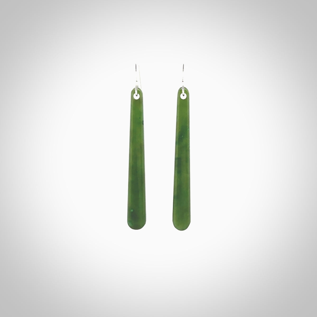 Hand crafted large, British Columbian Jade drop earrings with Sterling Silver Hooks. Jade drop earrings, packaged in a woven kete pouch.