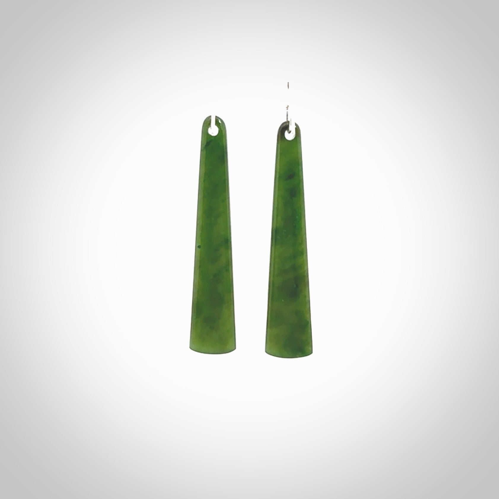 Hand crafted large, British Columbian Jade drop earrings with Sterling Silver Hooks. Jade drop earrings, packaged in a woven kete pouch.