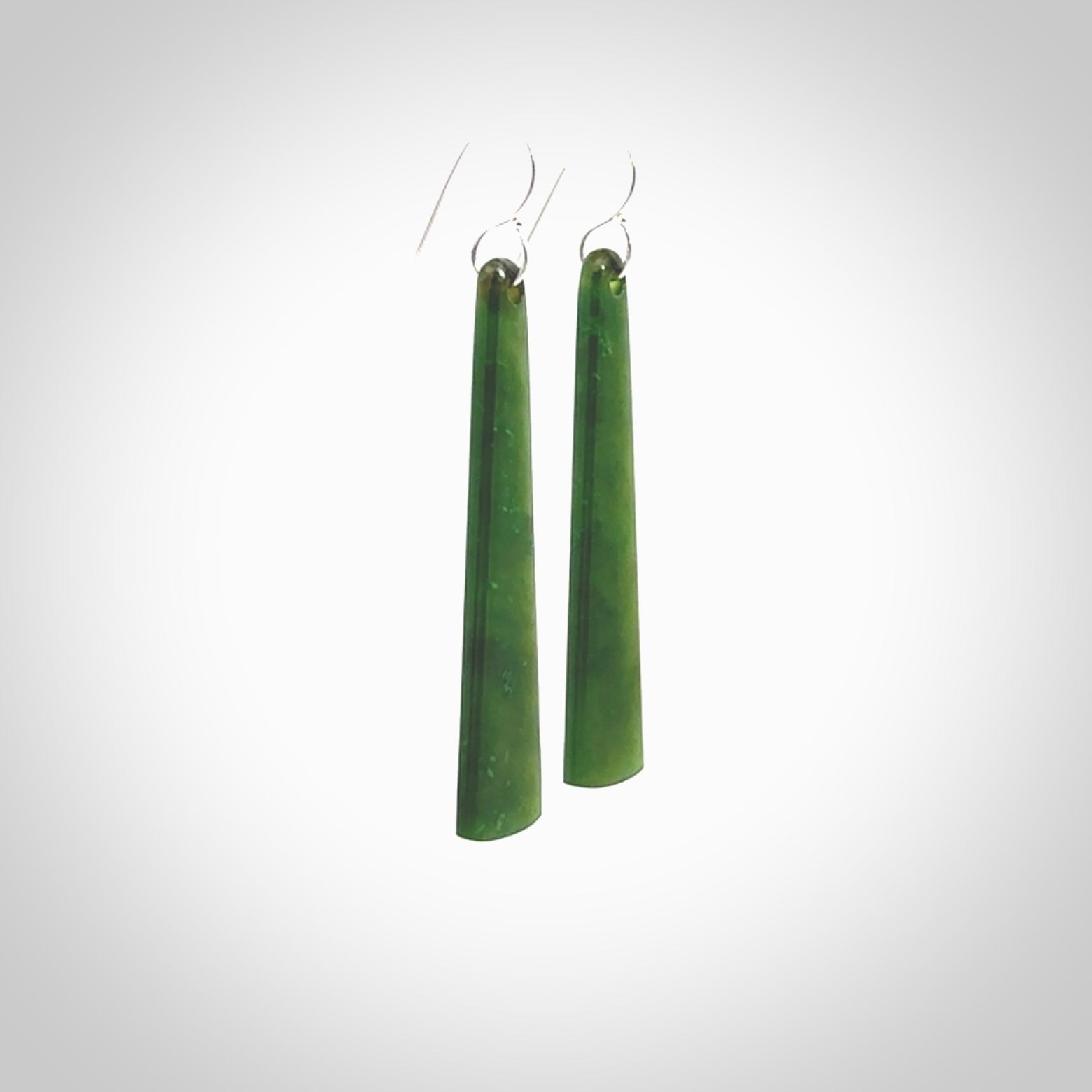 Hand crafted large, British Columbian Jade drop earrings with Sterling Silver Hooks. Jade drop earrings, packaged in a woven kete pouch.