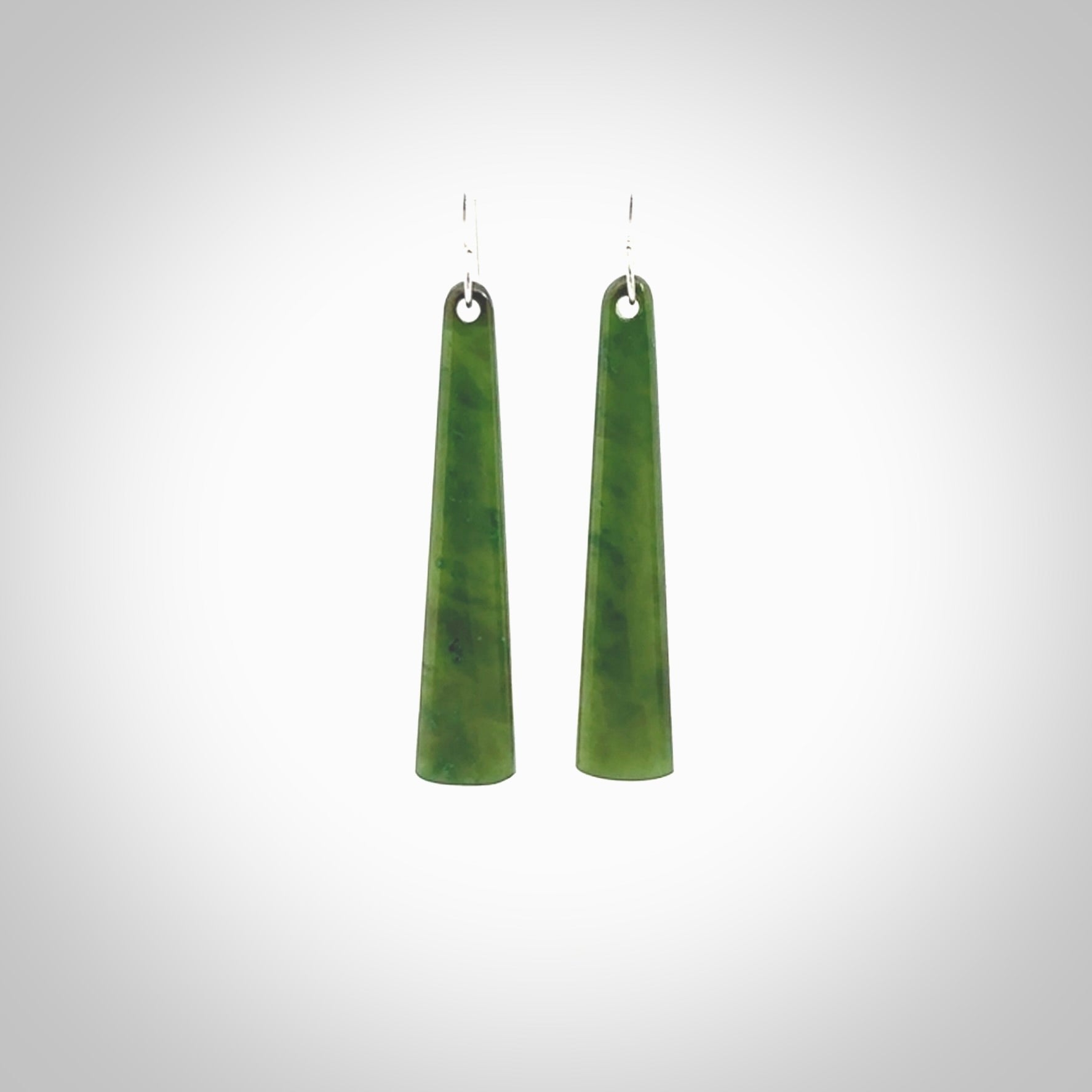 Hand crafted large, British Columbian Jade drop earrings with Sterling Silver Hooks. Jade drop earrings, packaged in a woven kete pouch.