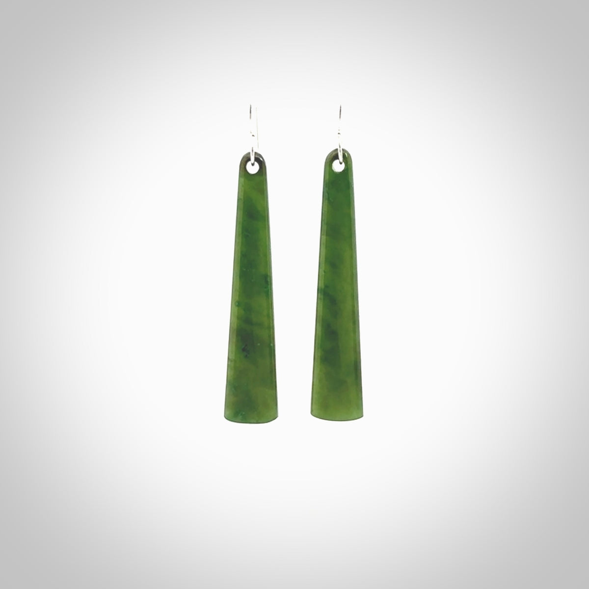 Hand crafted large, British Columbian Jade drop earrings with Sterling Silver Hooks. Jade drop earrings, packaged in a woven kete pouch.