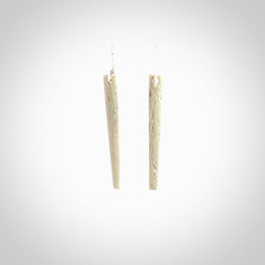 Hand carved medium whalebone drop earrings hand made by Kristal Thompson. One only large whale bone drop earrings. Real whale bone art to wear. Free Shipping worldwide. One pair only, delivered in a kete pouch.