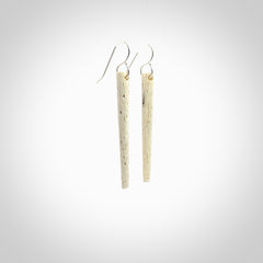 Hand carved medium whalebone drop earrings hand made by Kristal Thompson. One only large whale bone drop earrings. Real whale bone art to wear. Free Shipping worldwide. One pair only, delivered in a kete pouch.