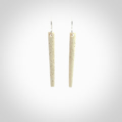 Hand carved medium whalebone drop earrings hand made by Kristal Thompson. One only large whale bone drop earrings. Real whale bone art to wear. Free Shipping worldwide. One pair only, delivered in a kete pouch.