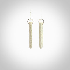 Hand carved medium whalebone drop earrings hand made by Kristal Thompson. One only whale bone drop earrings. Real whale bone art to wear. Free Shipping worldwide. One pair only, delivered in a kete pouch.