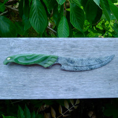 A hand carved large New Zealand Jade Haast Eagle knife display art. A large sized hand made Jade Haast eagle knife by New Zealand artist Kerry Thompson. One off work of art to display.