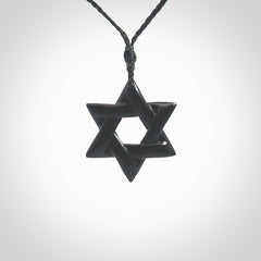 Hand carved Australian Black Jade Magen David pendant. Hand made Black Jade Star of David necklace.