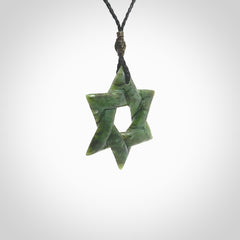 Star of David pendant hand carved from New Zealand Green Jade. Made by NZ Pacific and for sale worldwide. Postage is included in the price.