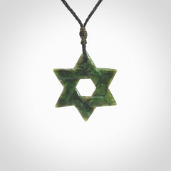 Star of David pendant hand carved from New Zealand Green Jade. Made by NZ Pacific and for sale worldwide. Postage is included in the price.