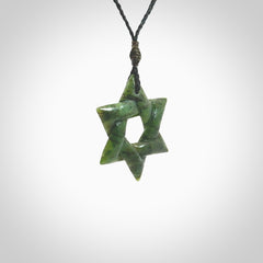 Star of David pendant hand carved from New Zealand Green Jade. Made by NZ Pacific and for sale worldwide. Postage is included in the price.