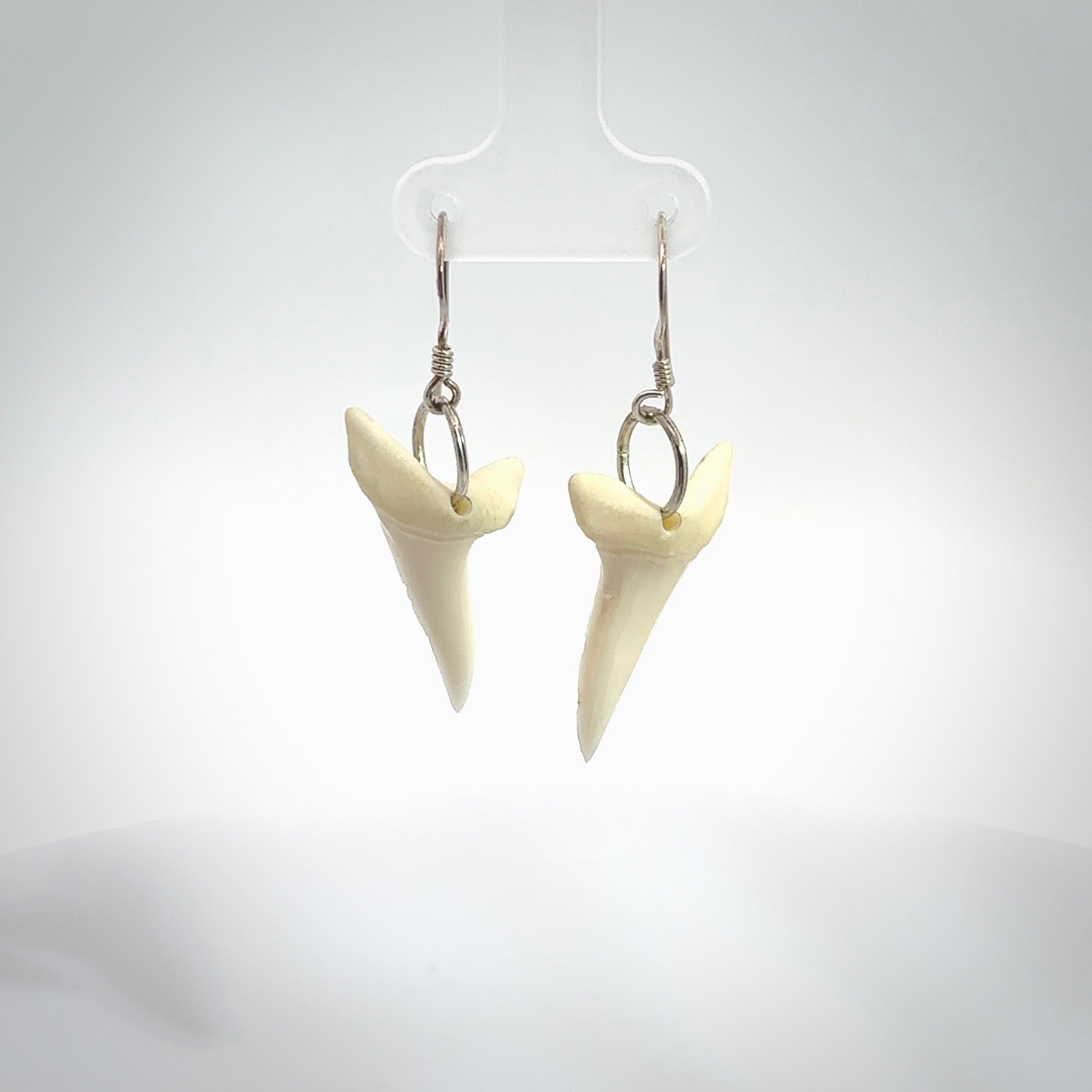 Hand carved medium sized, shark tooth earrings. Hand made shark tooth earrings. One only shark tooth earrings. Real shark tooth art to wear. Free Shipping worldwide. Packaged in a woven kete pouch.