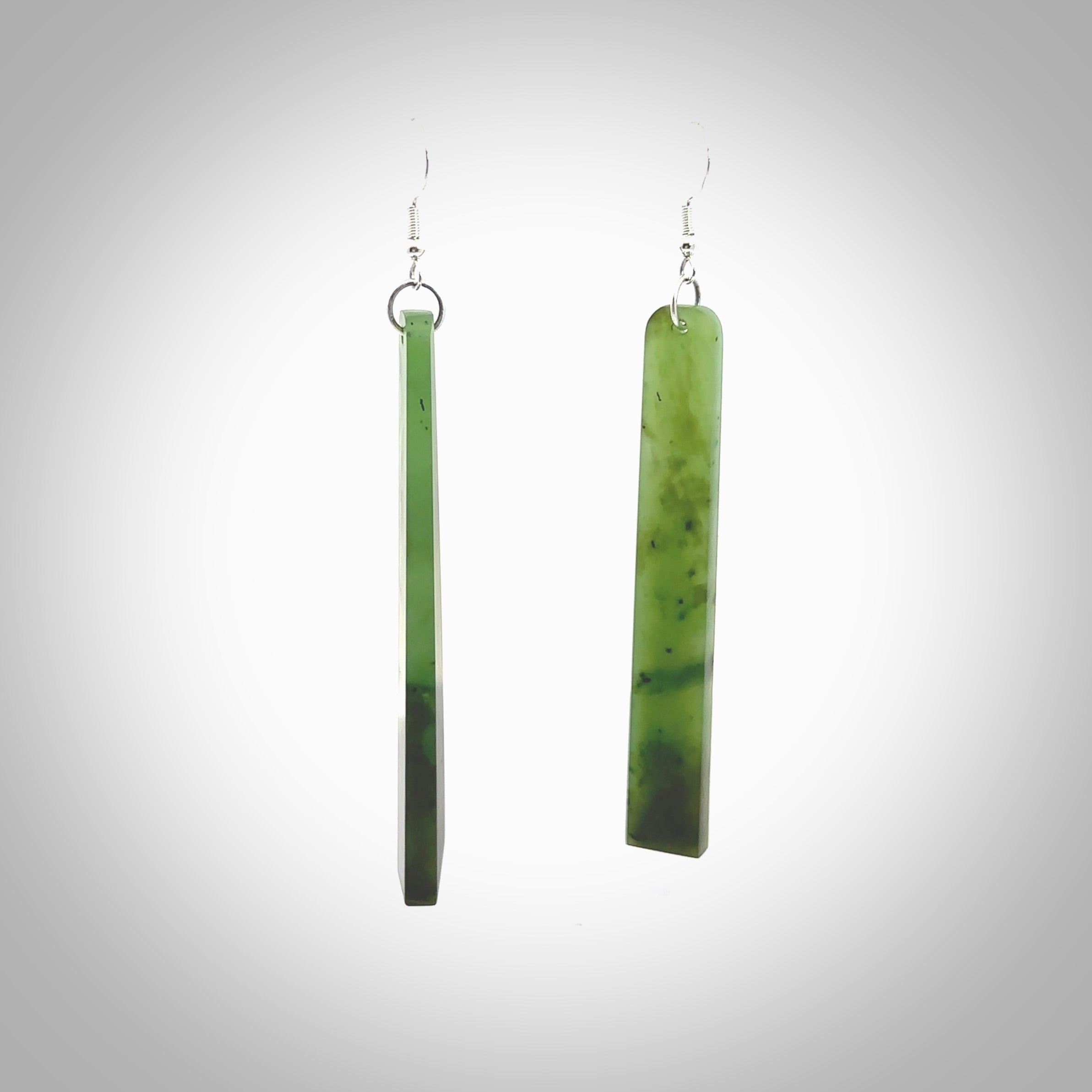 Hand carved New Zealand Jade drop earrings. Hand made large drop earrings with sterling silver. Hand carved New Zealand Jade drop earrings by Rueben Tipene. Delivered in a woven kete pouch.