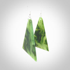 Hand carved New Zealand Jade drop earrings. Hand made large drop earrings with sterling silver. Hand carved New Zealand Jade drop earrings by Rueben Tipene. Delivered in a woven kete pouch.