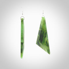 Hand carved New Zealand Jade drop earrings. Hand made large drop earrings with sterling silver. Hand carved New Zealand Jade drop earrings by Rueben Tipene. Delivered in a woven kete pouch.