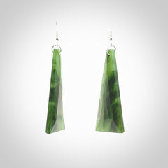 Hand carved New Zealand Jade drop earrings. Hand made large drop earrings with sterling silver. Hand carved New Zealand Jade drop earrings by Rueben Tipene. Delivered in a woven kete pouch.