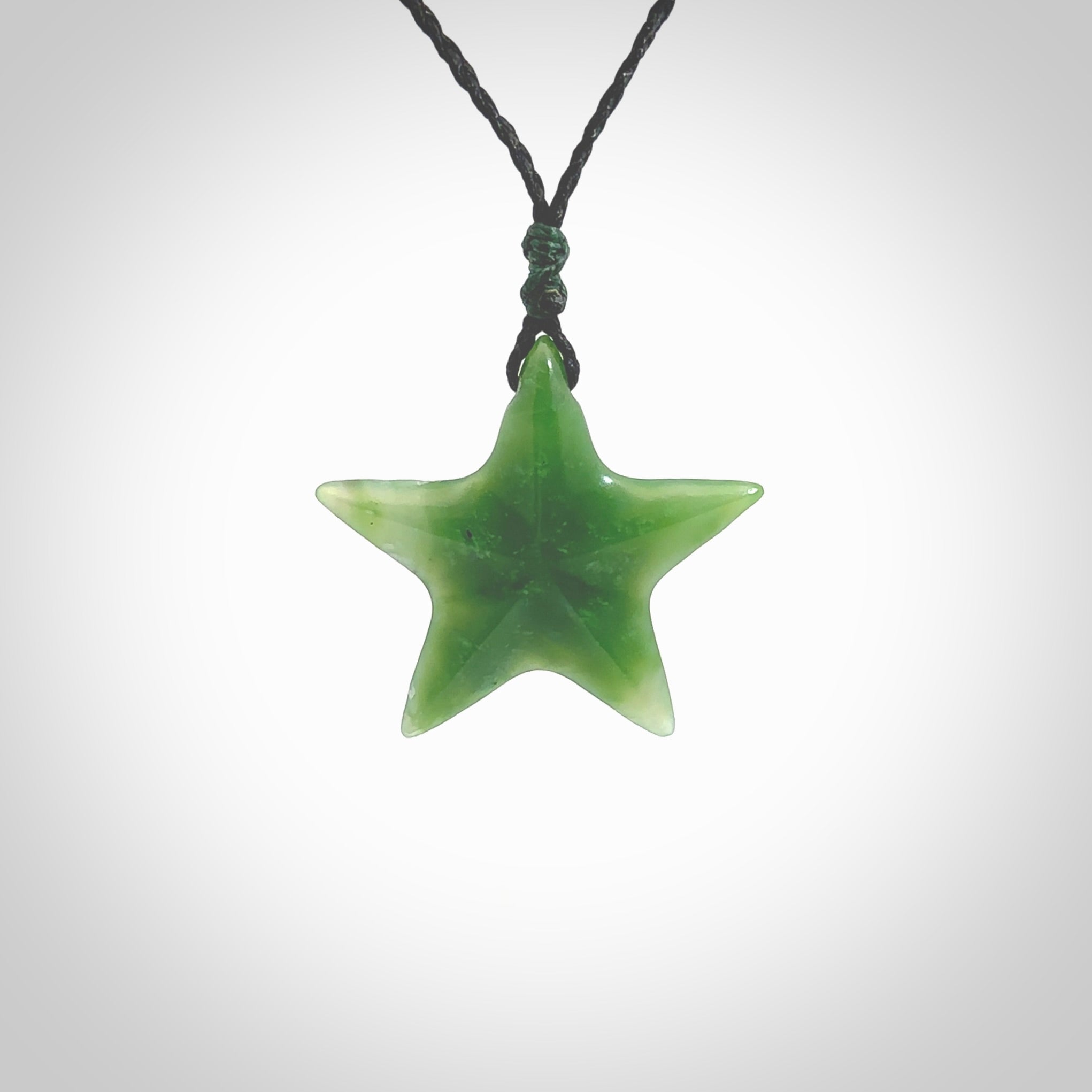 Hand made jade star pendant. Star shaped necklace hand made from Jade, delivered with Express Courier. We provide this pendant on an adjustable cord and packaged in a woven kete pouch.