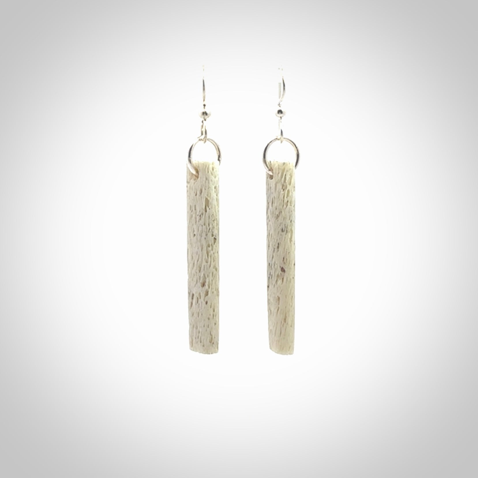 Hand carved large whalebone drop earrings hand made by Kristal Thompson. One only large whale bone drop earrings. Real whale bone art to wear. Free Shipping worldwide. One pair only, delivered in a kete pouch.