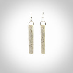 Hand carved large whalebone drop earrings hand made by Kristal Thompson. One only large whale bone drop earrings. Real whale bone art to wear. Free Shipping worldwide. One pair only, delivered in a kete pouch.