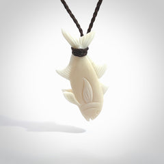 Hand carved bone fish pendant. Hand made bone fish necklace. Fish themed jewellery. Ocean themed pendant. Bone fish necklace provided with adjustable cord and free delivery.