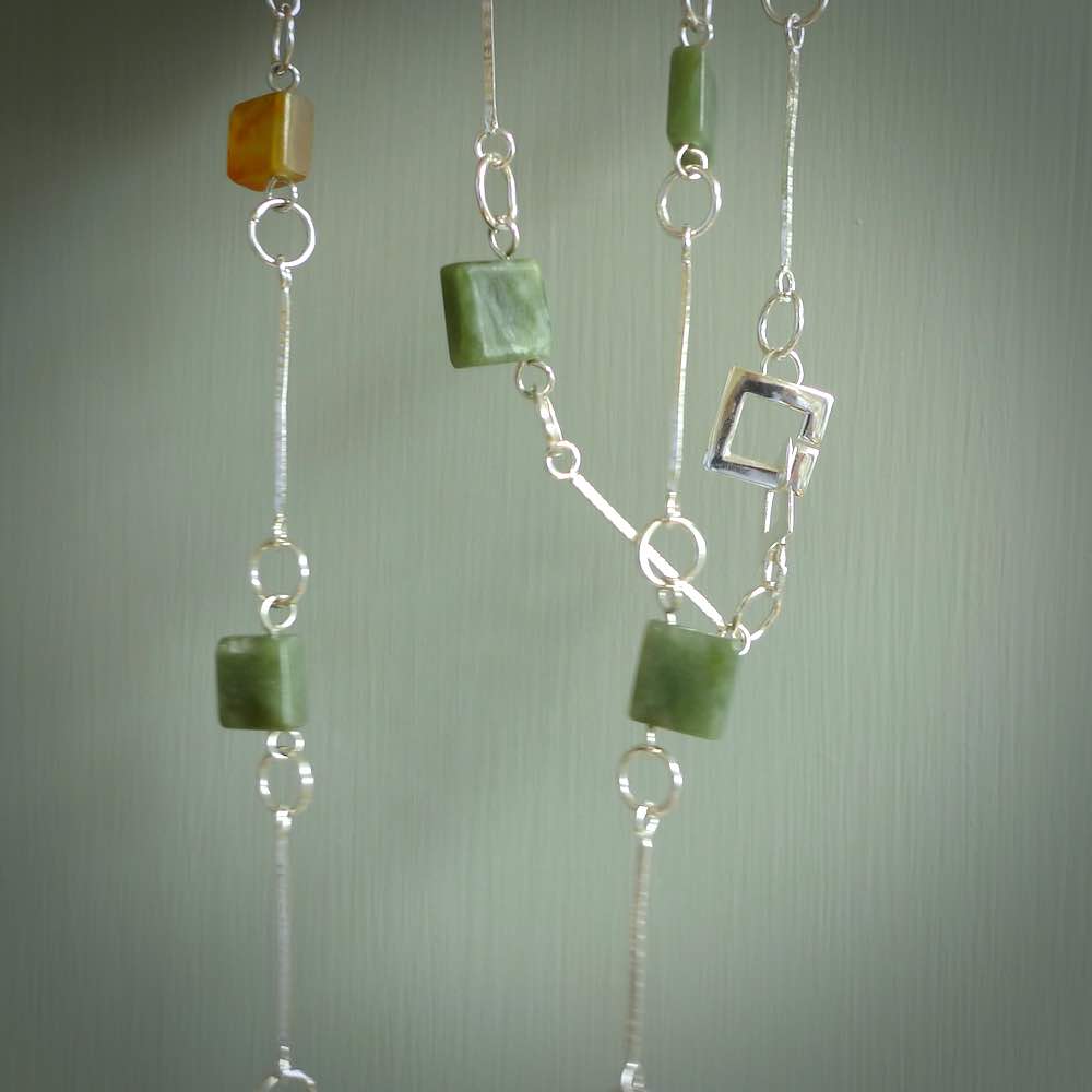 A photo of a sterling silver fashionable chain with New Zealand Jade. This is stylish womens statement piece - hand crafted here in New Zealand.