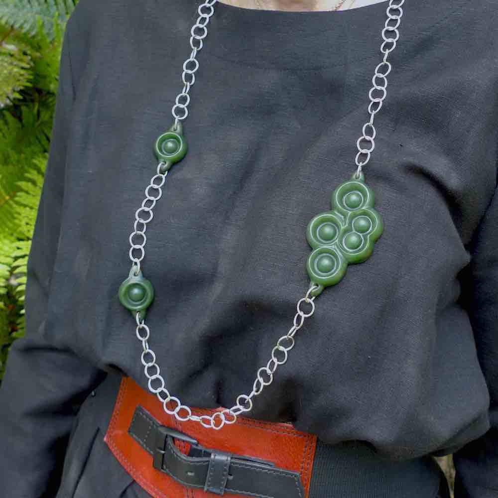 A photo of a sterling silver fashionable chain with New Zealand Jade. This is stylish womens statement piece - hand crafted here in New Zealand.