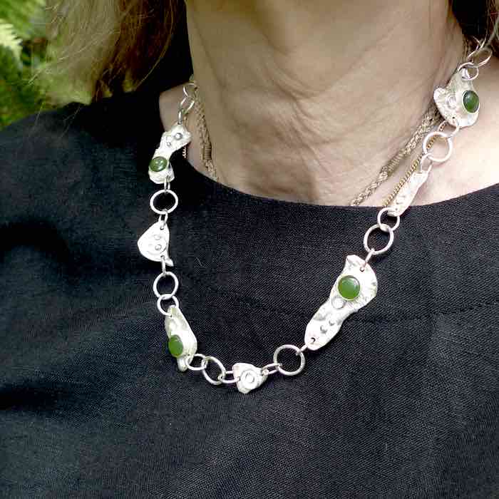 A photo of a sterling silver fashionable chain with New Zealand Jade. This is stylish womens statement piece - hand crafted here in New Zealand.