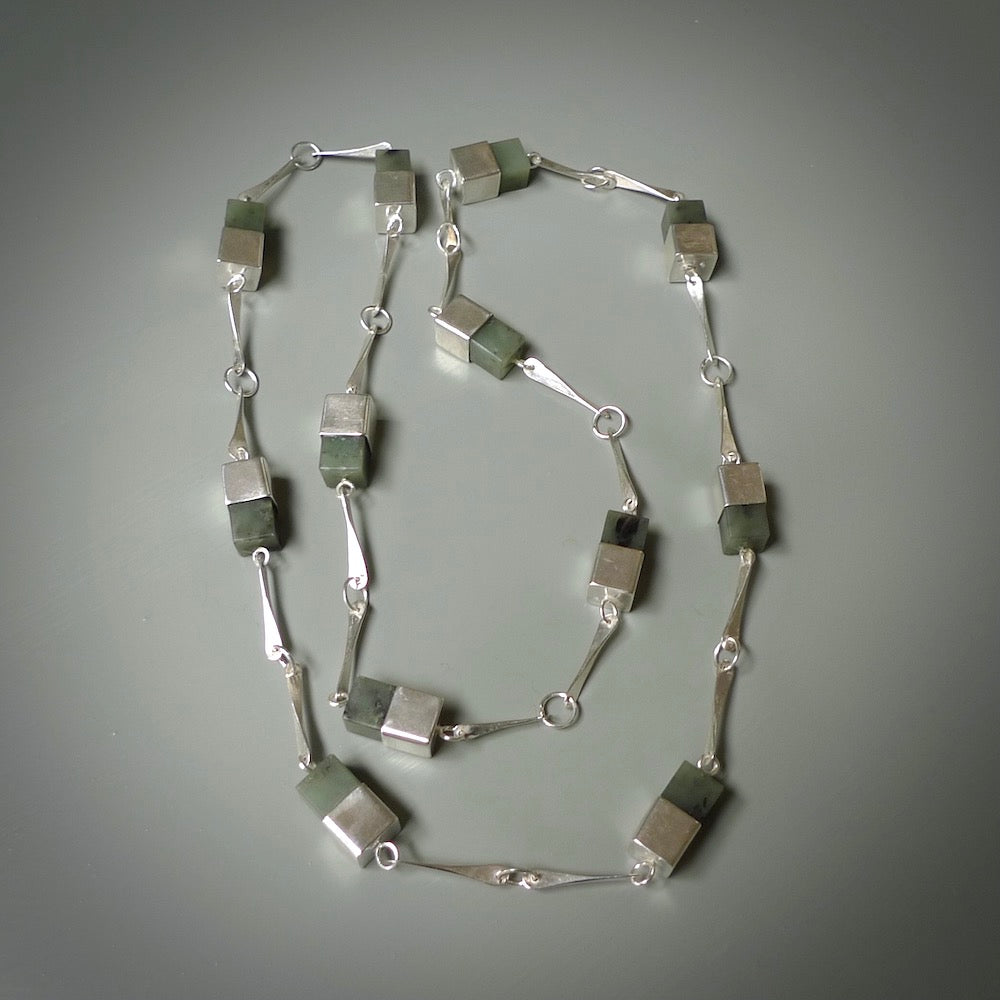 A photo of a sterling silver fashionable chain with New Zealand Jade. This is stylish woman's statement piece - hand crafted here in New Zealand. 