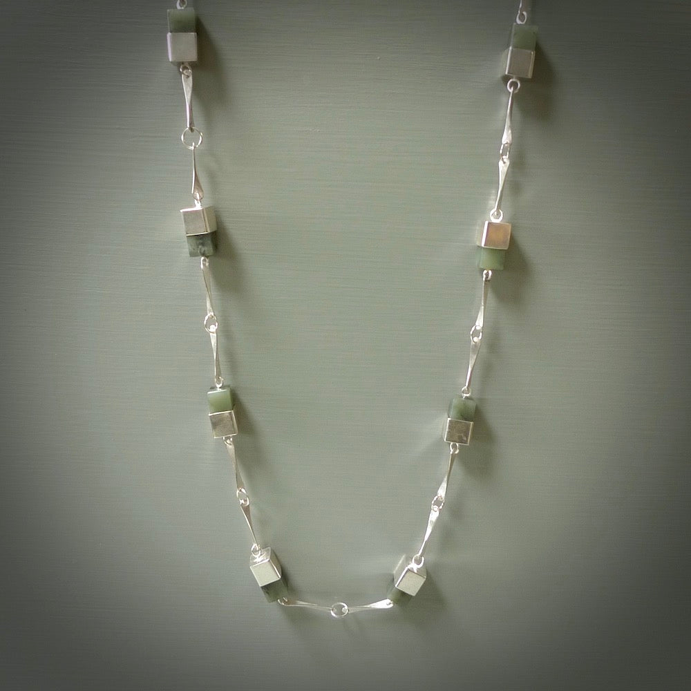 A photo of a sterling silver fashionable chain with New Zealand Jade. This is stylish woman's statement piece - hand crafted here in New Zealand. 