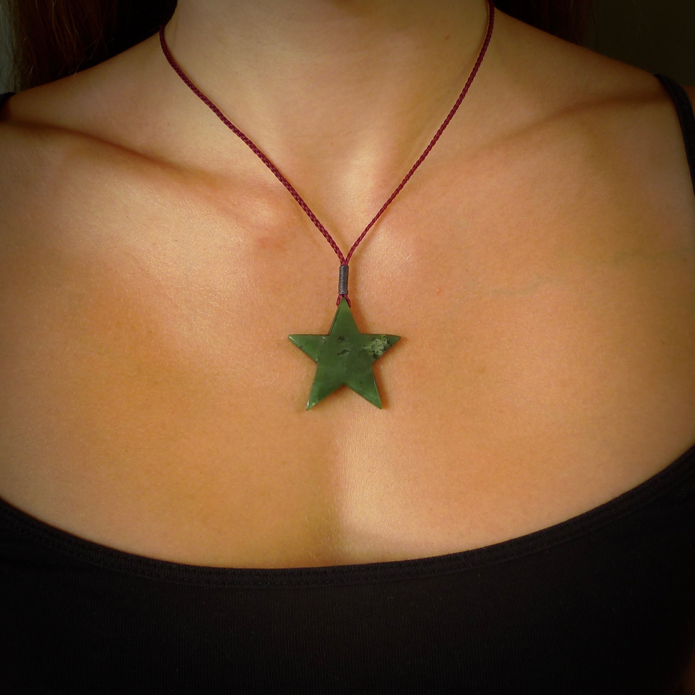 Hand made jade star pendant. Star shaped necklace hand made from Jade, delivered with Express Courier. We provide this pendant on an adjustable cord and packaged in a woven kete pouch.